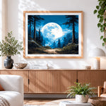 Finished giant moon over forest path cross stitch artwork displayed