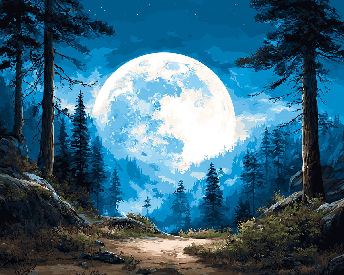 Giant moon over forest path cross stitch kit for beginners