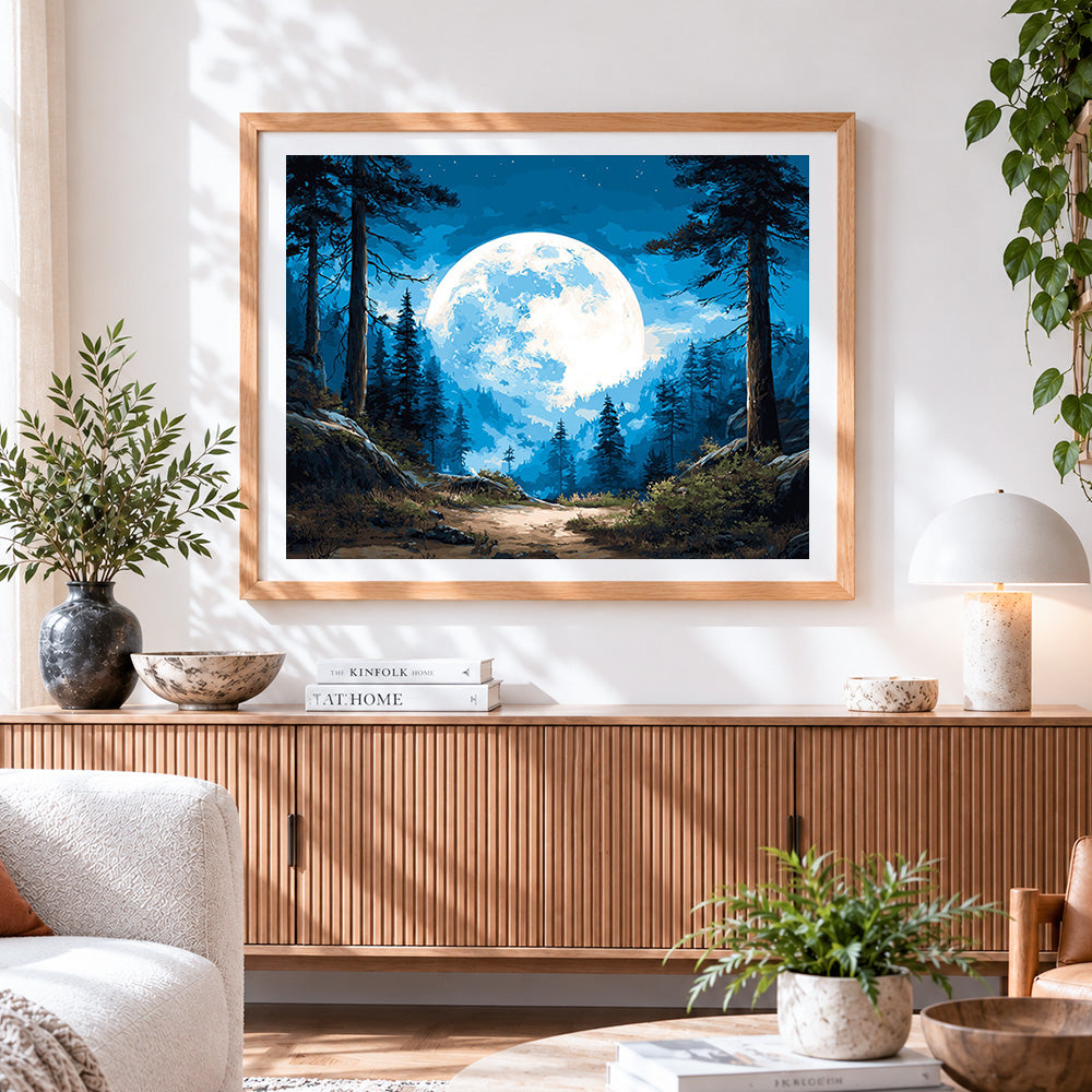 Finished giant moon over forest path paint by numbers artwork displayed as home decor