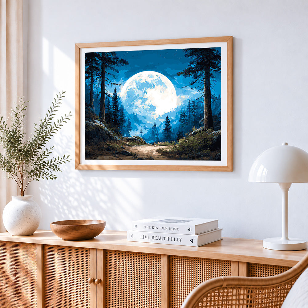 Giant moon over forest path paint by numbers artwork displayed on wall as home decor