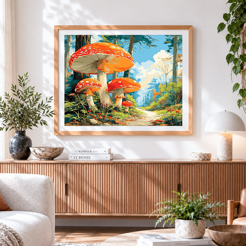 Finished giant mushrooms in a forest paint by numbers artwork displayed as home decor
