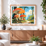 Finished giant mushrooms in a forest paint by numbers artwork displayed as home decor