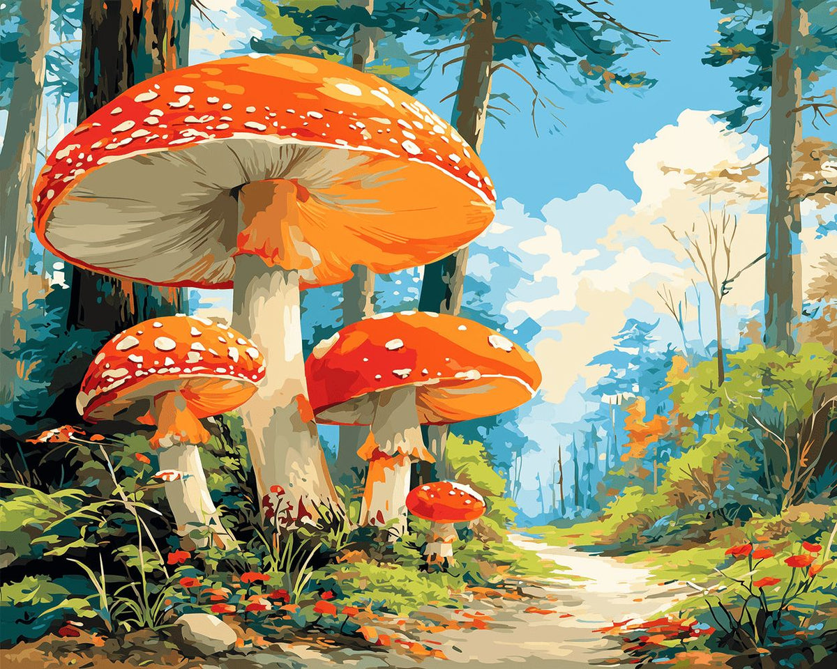 Giant mushrooms in a forest paint by numbers kit for beginners