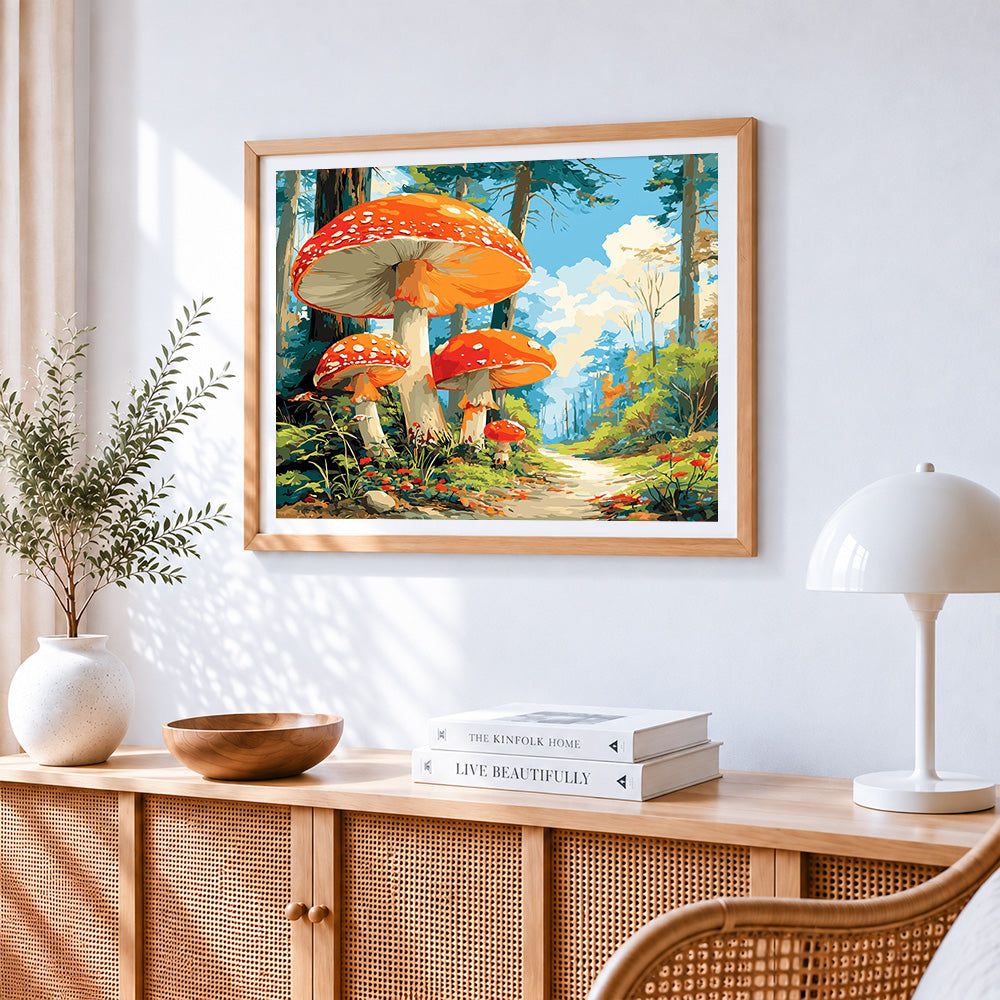 Giant mushrooms in a forest paint by numbers artwork displayed on wall as home decor