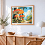 Giant mushrooms in a forest paint by numbers artwork displayed on wall as home decor