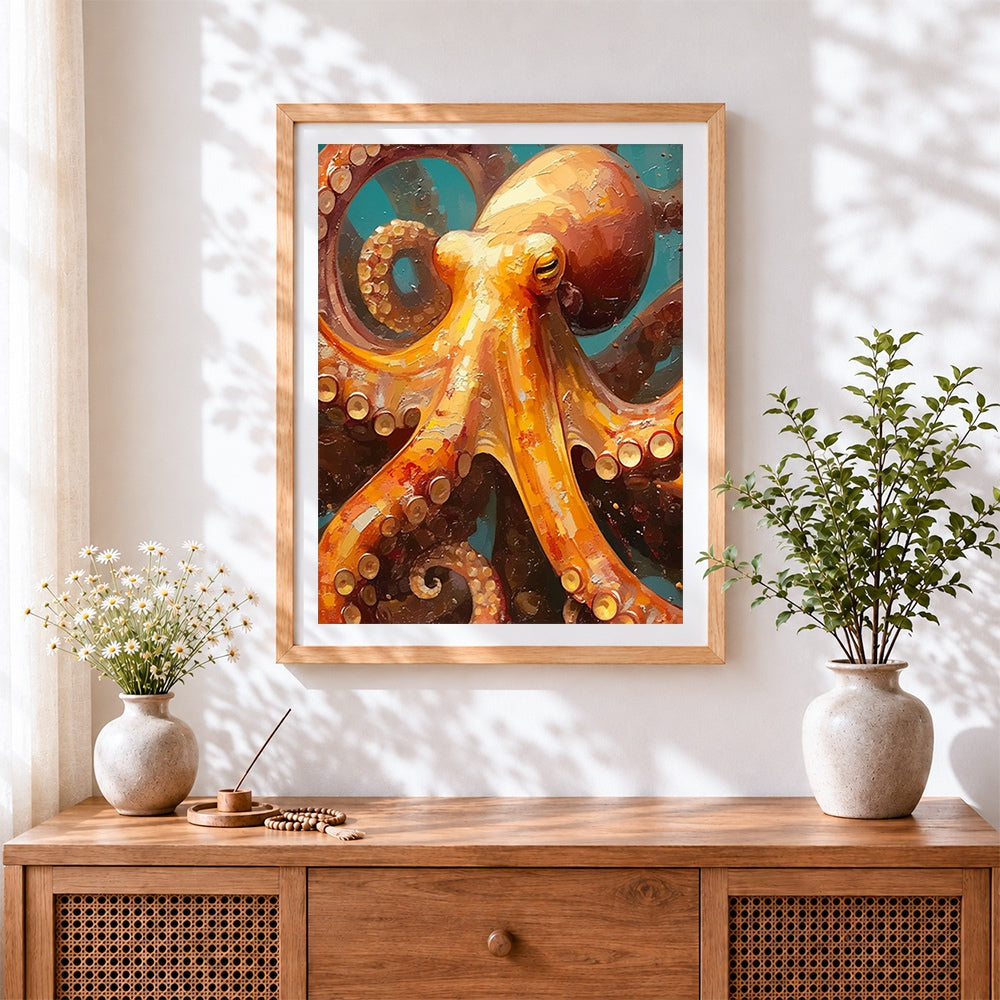 Finished giant octopus close up cross stitch artwork displayed