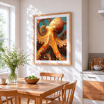 Giant octopus close up cross stitch artwork displayed on wall as home decor