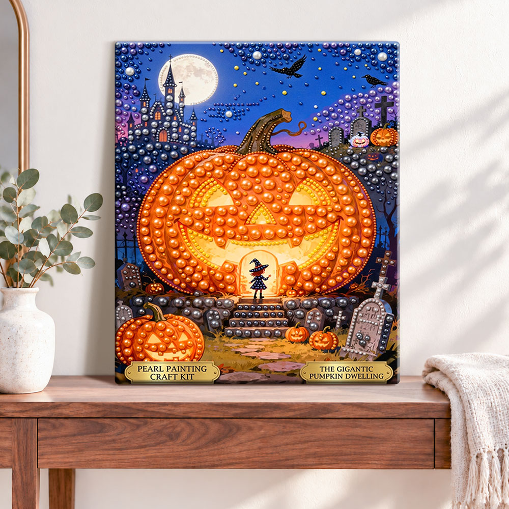 Finished giant pumpkin dwelling pearl diamond painting artwork displayed as home decor