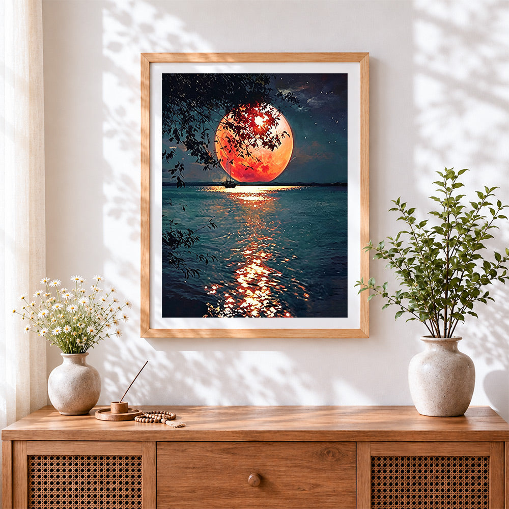 Finished giant red moon over the lake cross stitch artwork displayed
