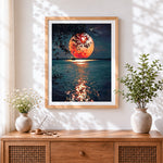 Finished giant red moon over the lake cross stitch artwork displayed