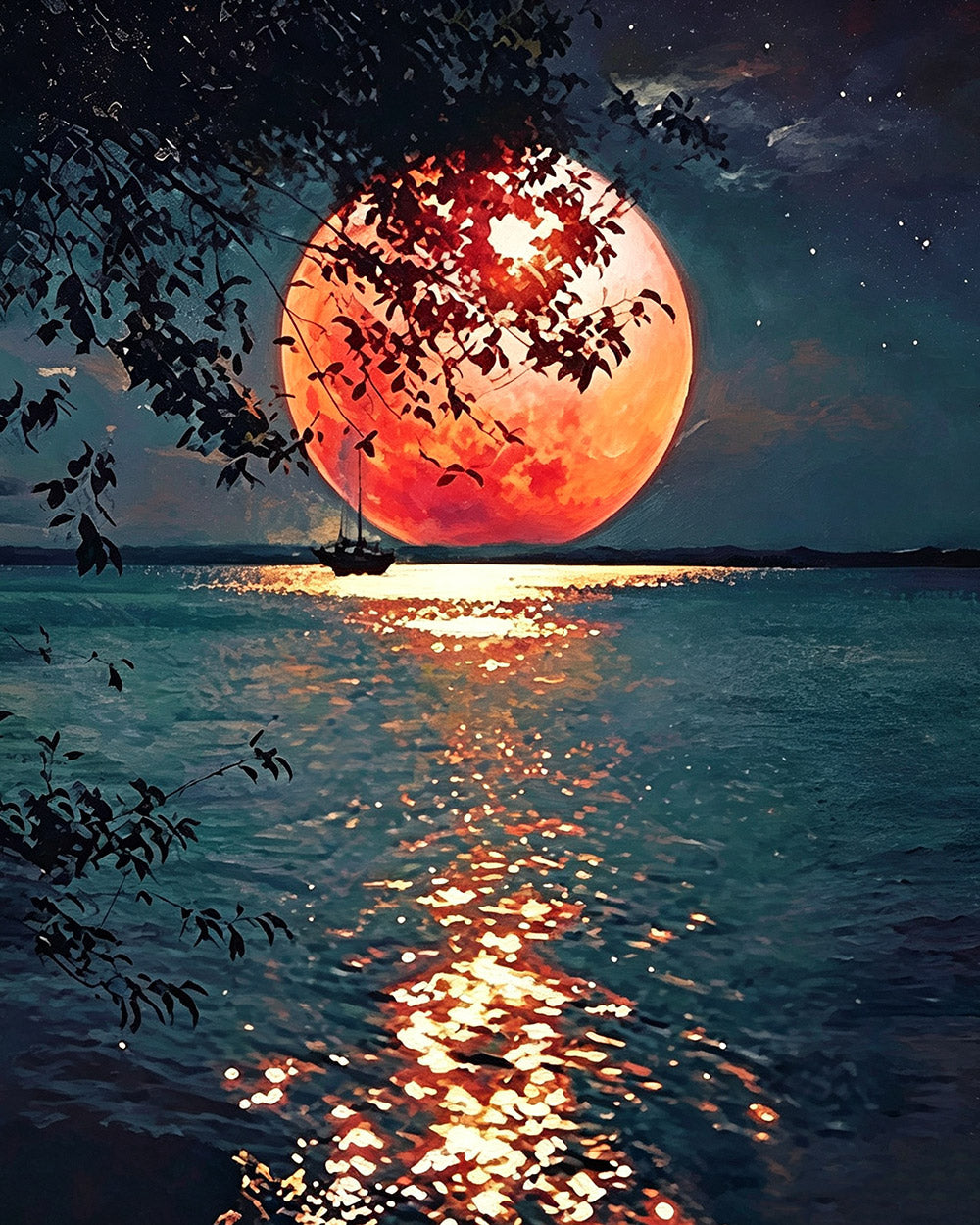 Giant red moon over the lake cross stitch kit for beginners