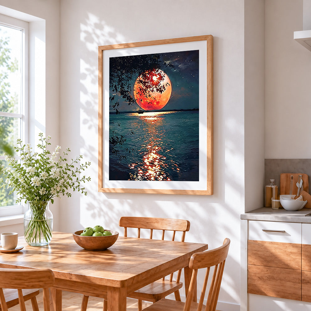 Giant red moon over the lake cross stitch artwork displayed on wall as home decor