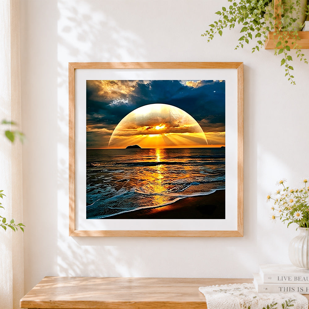 Finished giant sun and ocean waves paint by numbers artwork displayed as home decor