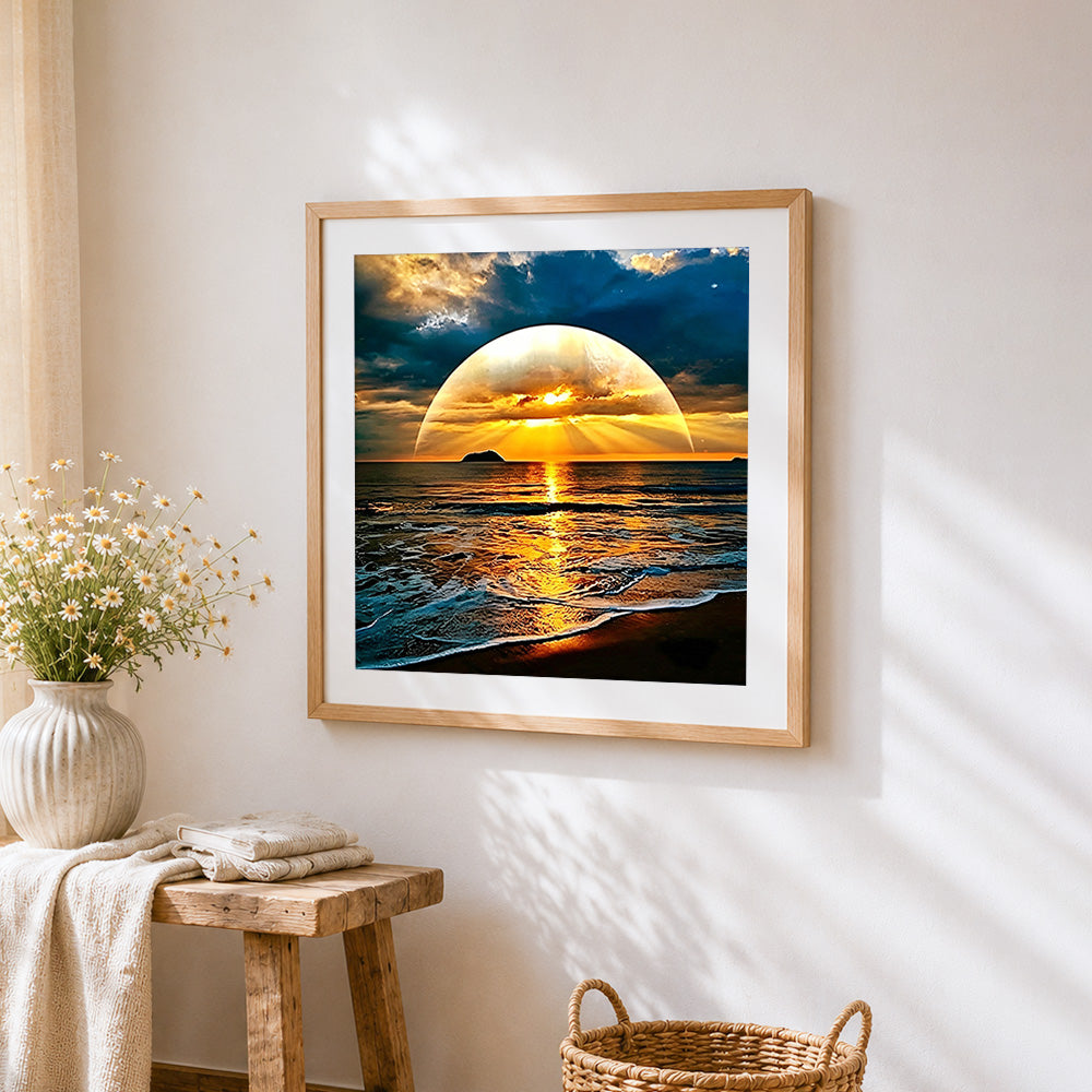 Giant sun and ocean waves paint by numbers artwork displayed on wall as home decor
