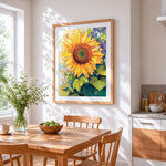 Giant sunflower and little daisies cross stitch artwork displayed on wall as home decor
