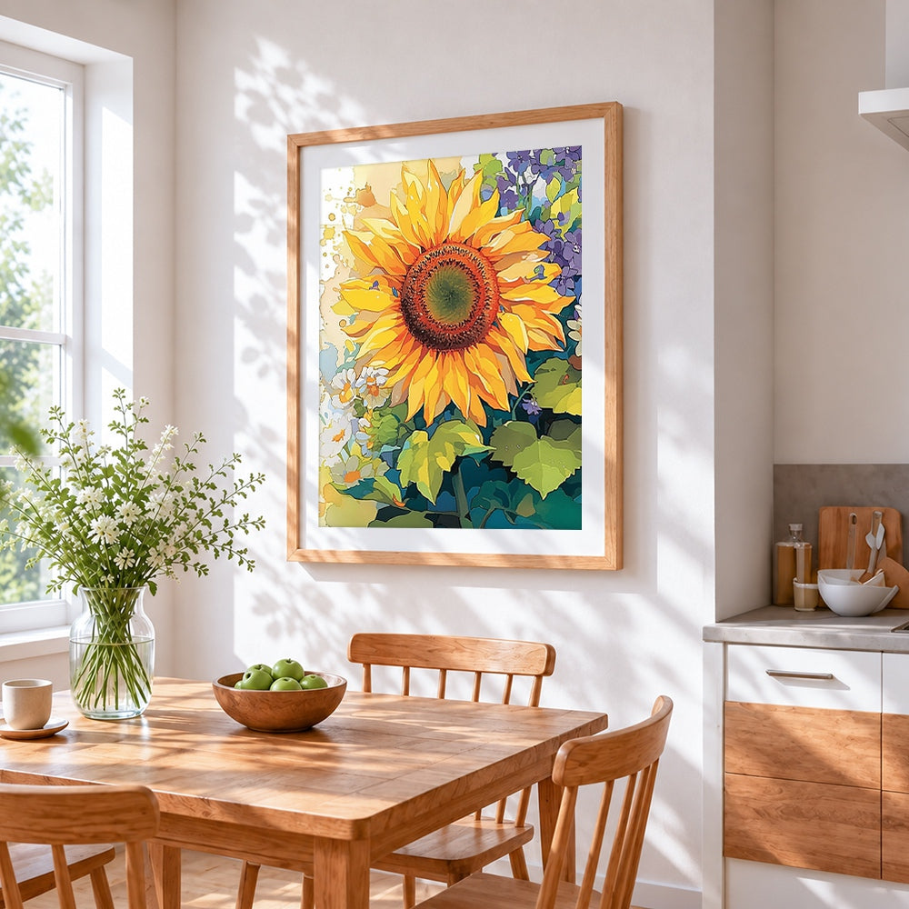 Giant sunflower and little daisies cross stitch artwork displayed on wall as home decor