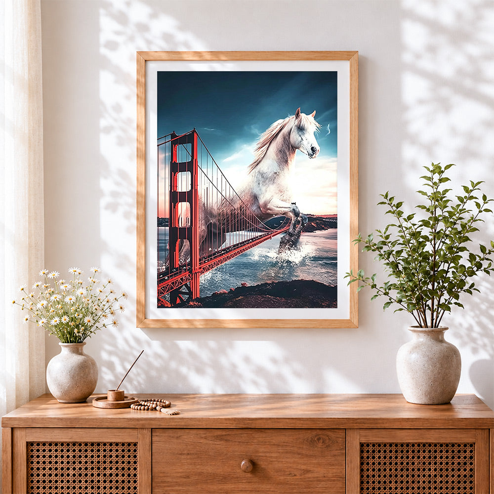 Finished giant white horse jumping over golden gate bridge cross stitch artwork displayed