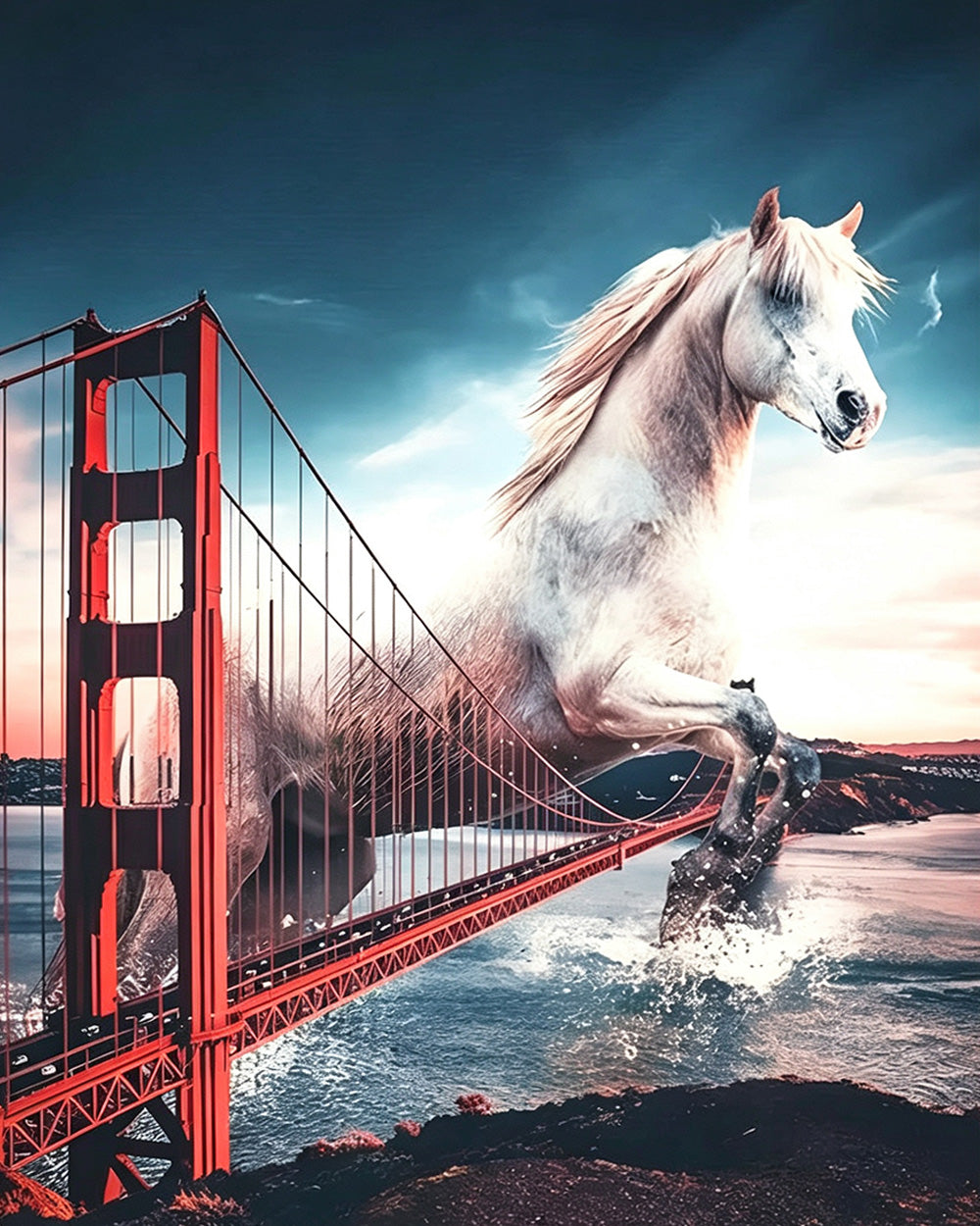 Giant white horse jumping over golden gate bridge cross stitch kit for beginners