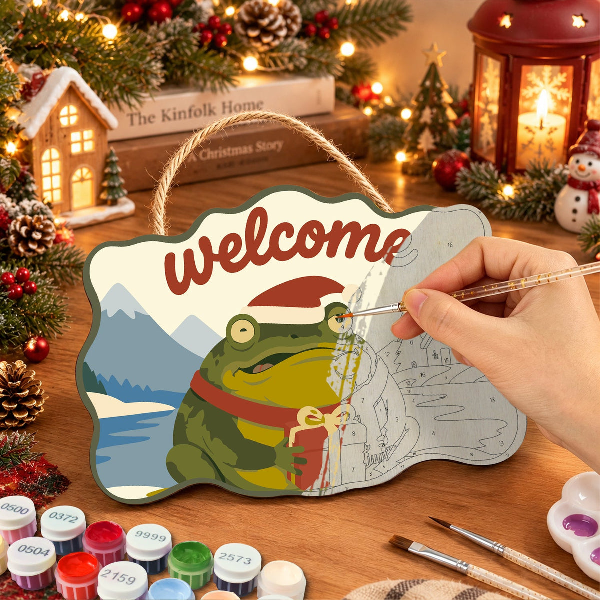 Gift frog welcome paint by numbers door hanger painting process
