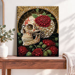 Finished gilded rose skull pearl diamond painting artwork displayed as home decor