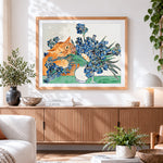 Finished ginger cat and blue irises paint by numbers artwork displayed as home decor