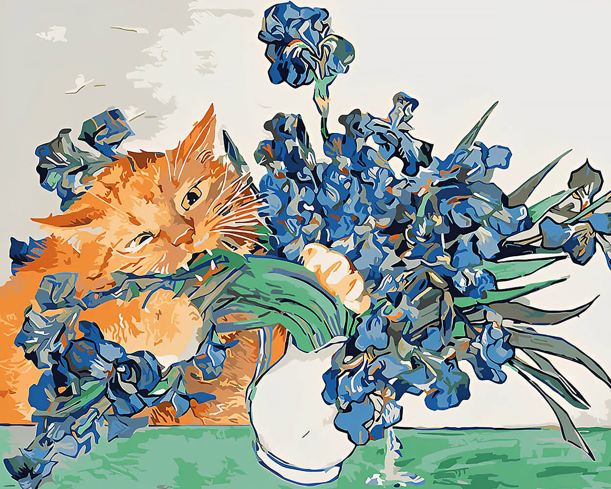 Ginger cat and blue irises paint by numbers kit for beginners