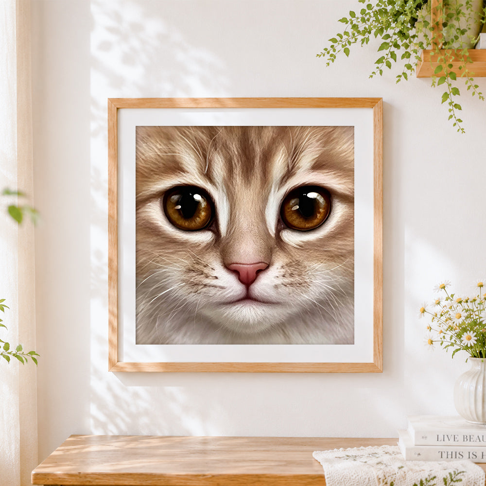 Finished ginger cat close-up portrait cross stitch artwork displayed