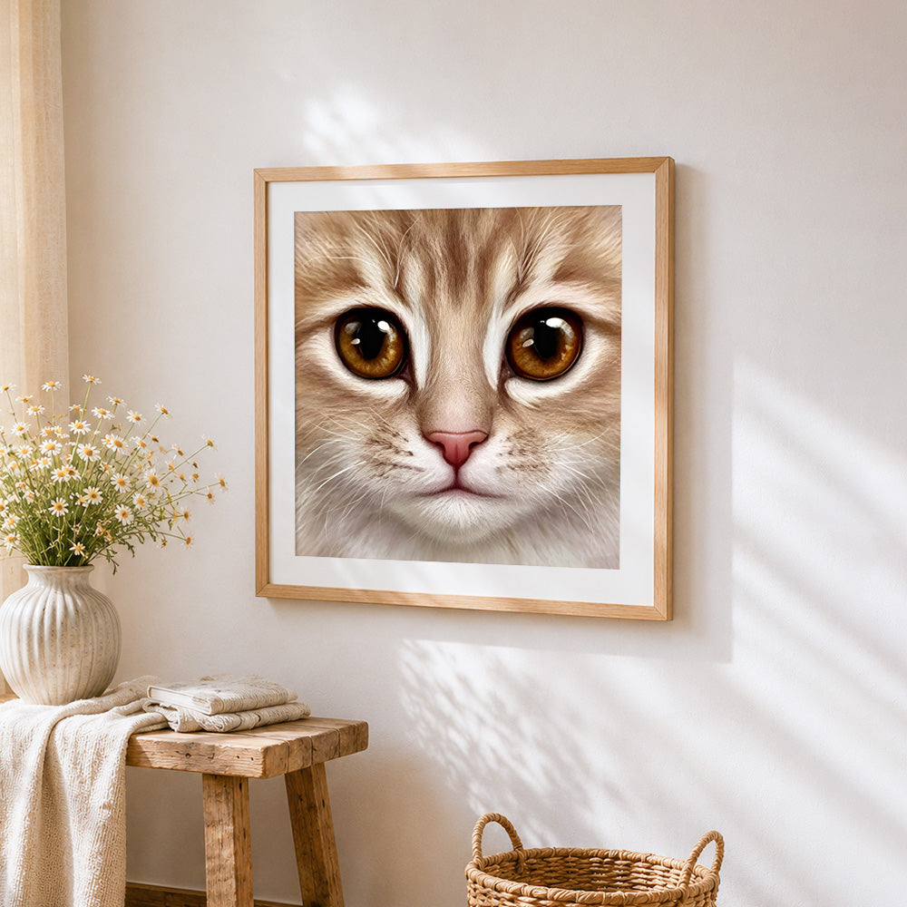 Ginger cat close-up portrait cross stitch artwork displayed on wall as home decor