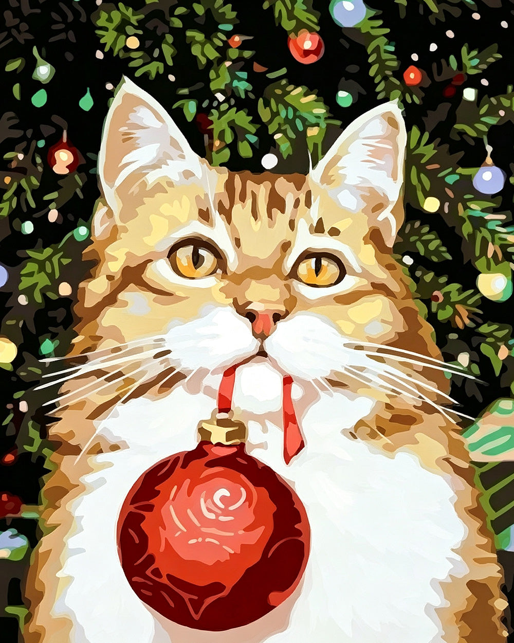 Ginger cat holding a red bauble cross stitch kit for beginners