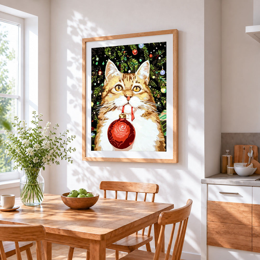Ginger cat holding a red bauble cross stitch artwork displayed on wall as home decor