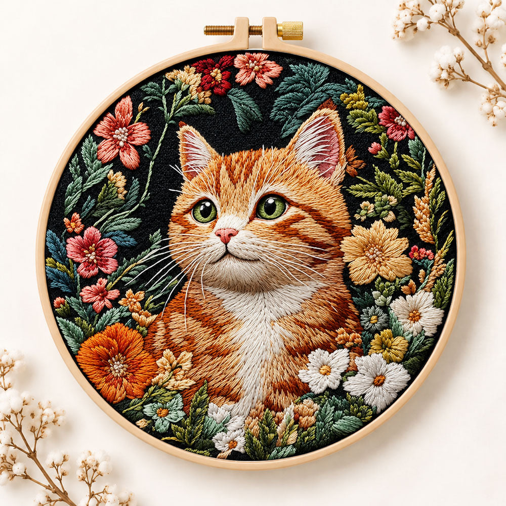 Ginger cat in wild blooms embroidery kit