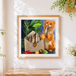 Finished ginger cat with fish cross stitch artwork displayed