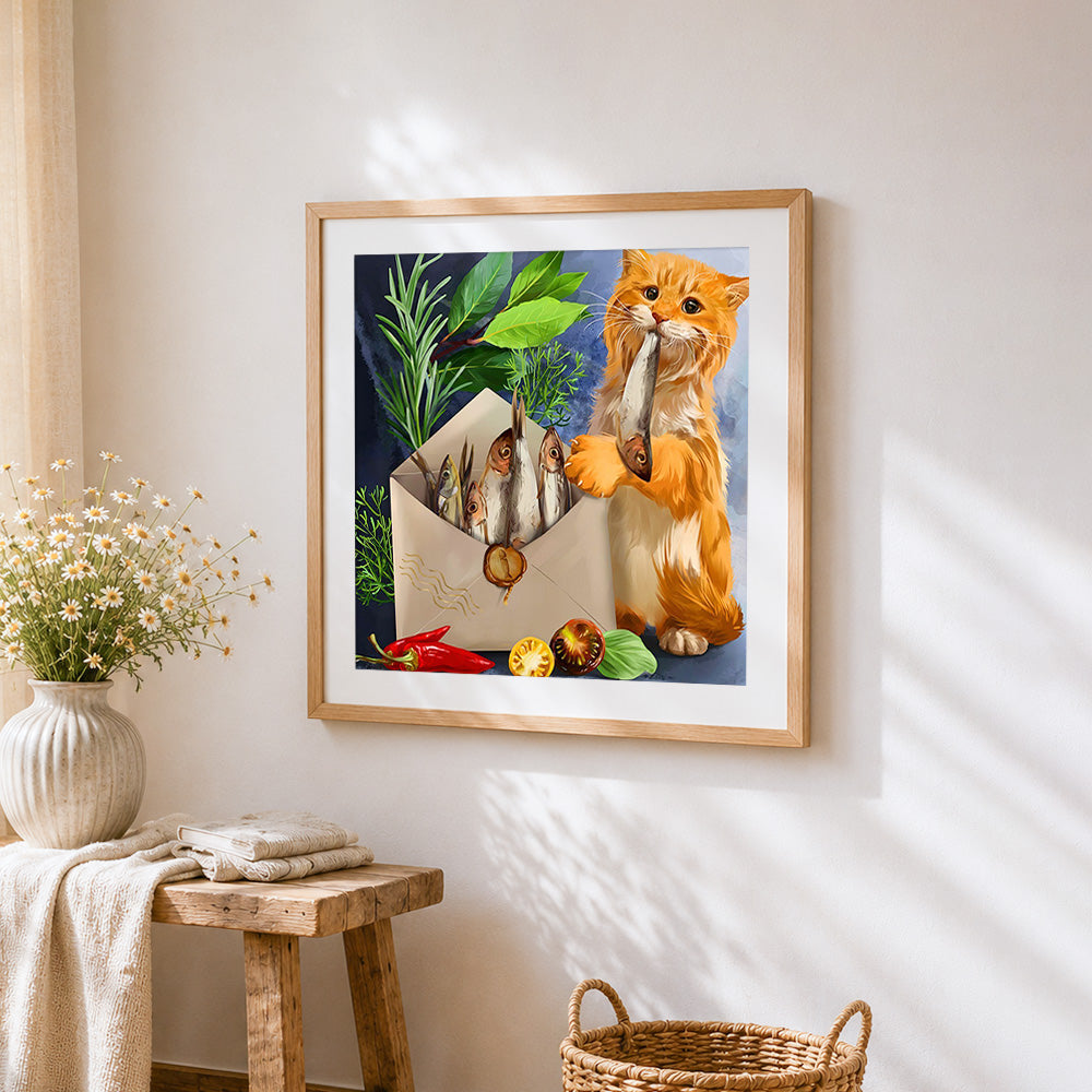 Ginger cat with fish cross stitch artwork displayed on wall as home decor