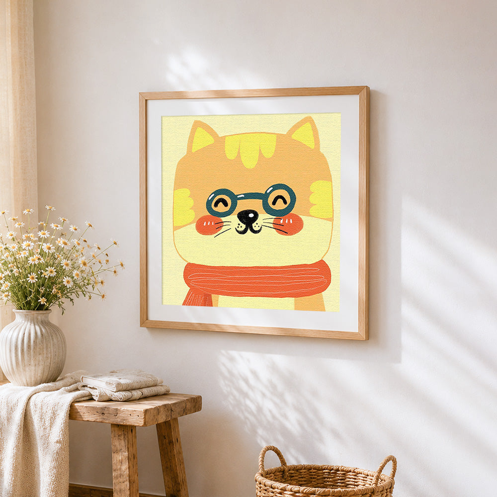 Ginger cat with glasses cross stitch artwork displayed on wall as home decor