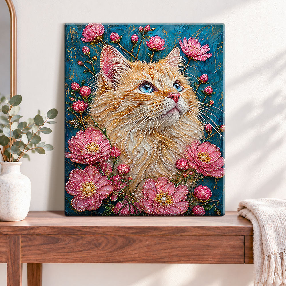 Finished ginger cat with pink blooms pearl diamond painting artwork displayed as home decor