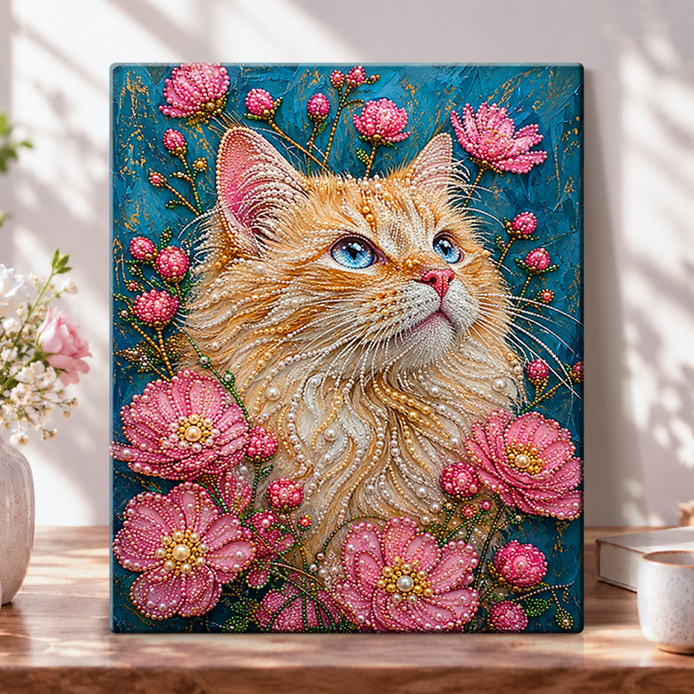 Ginger cat with pink blooms pearl diamond painting kit for beginners