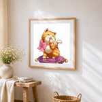 Ginger cat with pink bow cross stitch artwork displayed on wall as home decor