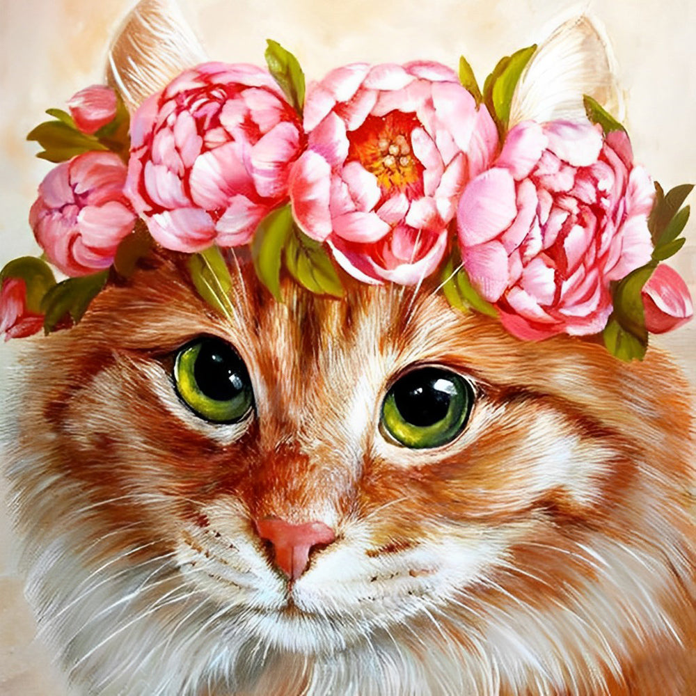 Ginger cat with pink peony crown cross stitch kit for beginners