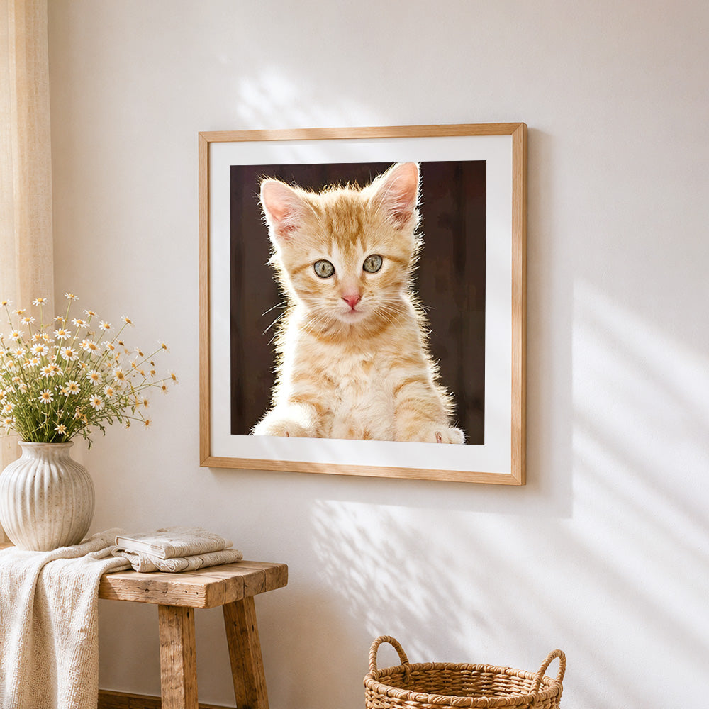 Ginger kitten in sunlight cross stitch artwork displayed on wall as home decor