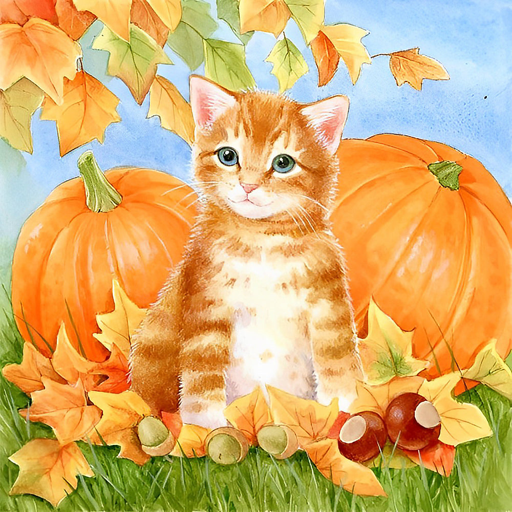 Ginger kitten with autumn pumpkins cross stitch kit for beginners