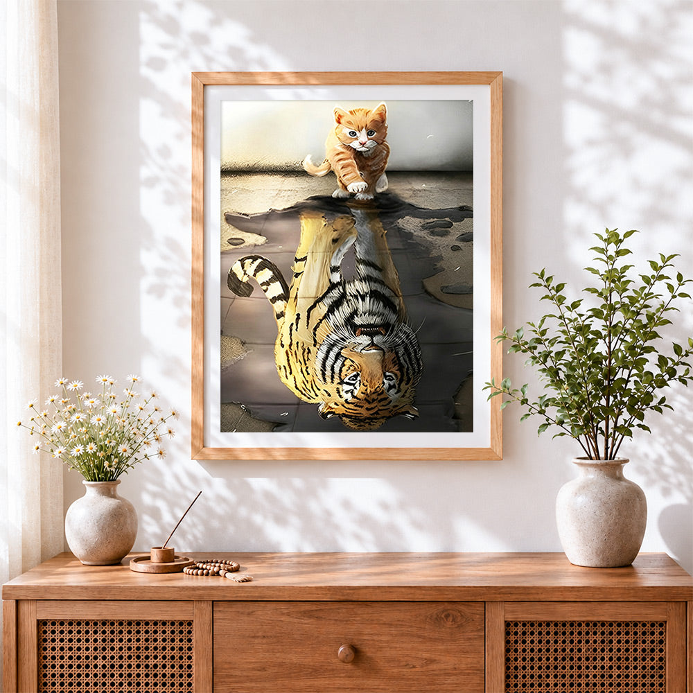 Finished ginger kitten with tiger reflection cross stitch artwork displayed