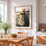 Ginger kitten with tiger reflection paint by numbers artwork displayed on wall as home decor