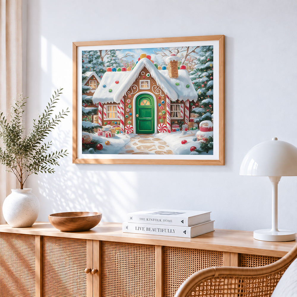 Gingerbread house in snow paint by numbers artwork displayed on wall as home decor