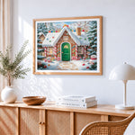 Gingerbread house in snow paint by numbers artwork displayed on wall as home decor