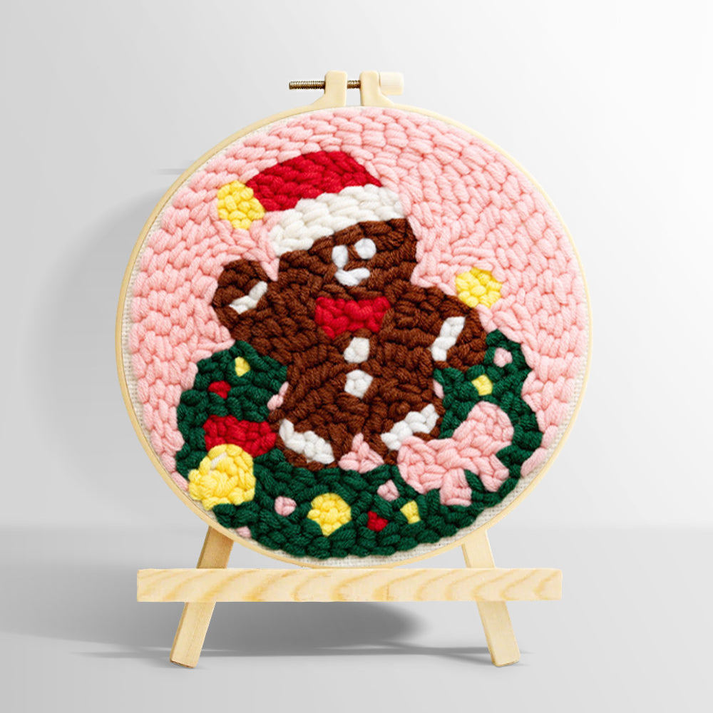 Gingerbread man in wreath punch needle kit for beginners