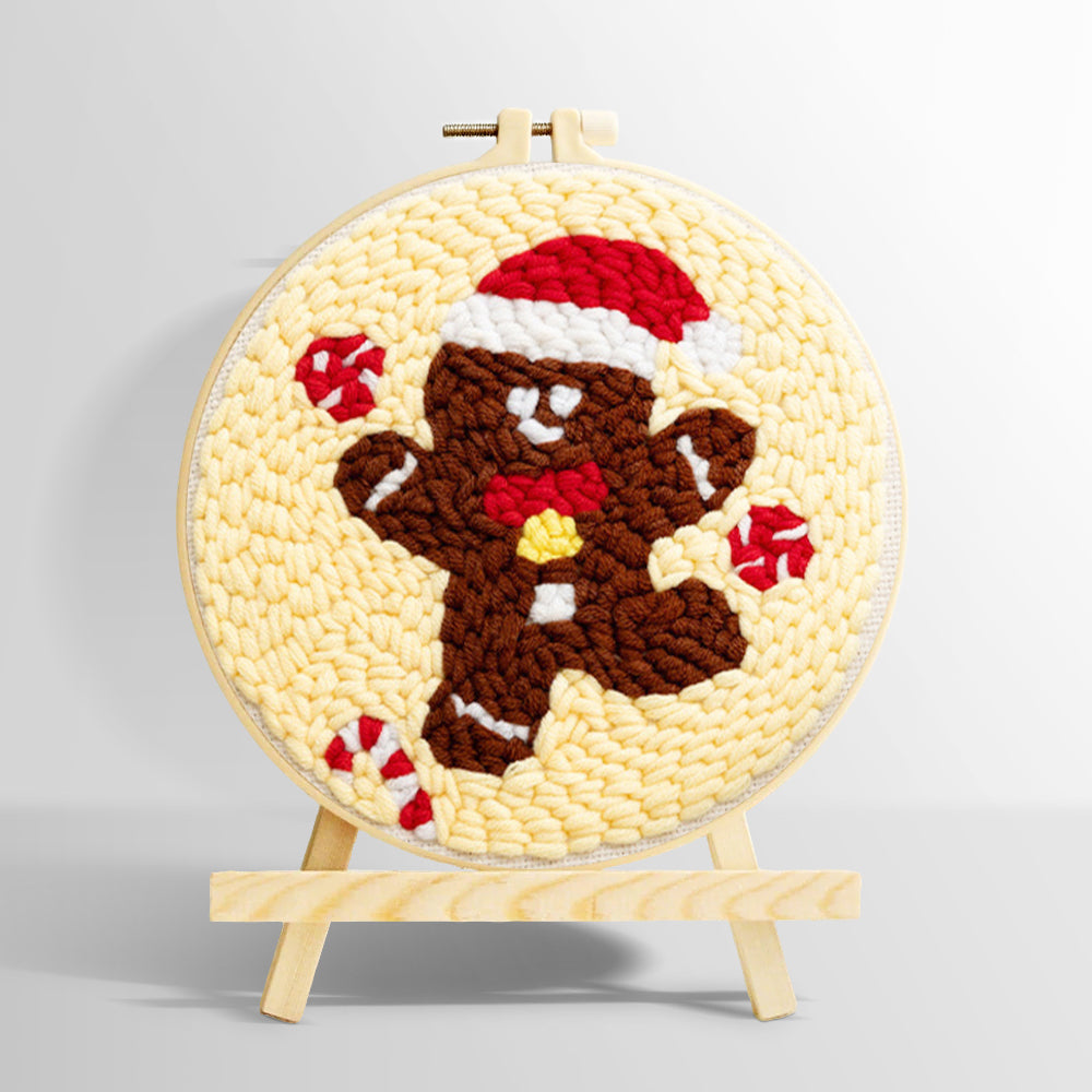 Gingerbread man with santa hat punch needle kit for beginners