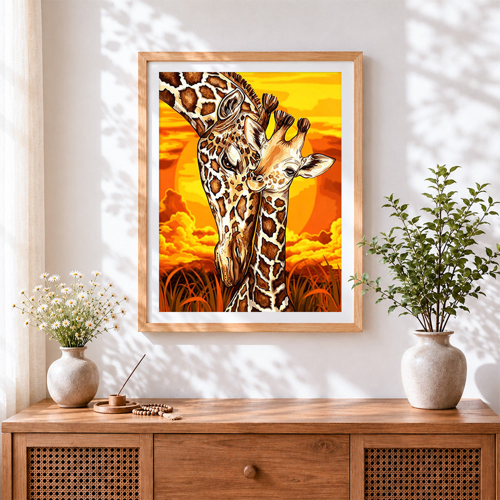 Finished giraffe and calf at sunset paint by numbers artwork displayed as home decor