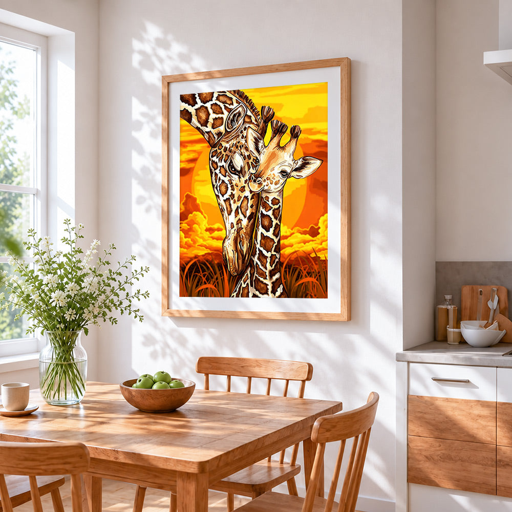 Giraffe and calf at sunset paint by numbers artwork displayed on wall as home decor