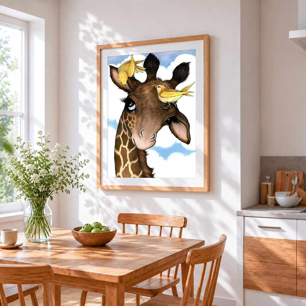 Giraffe and yellow birds cross stitch artwork displayed on wall as home decor