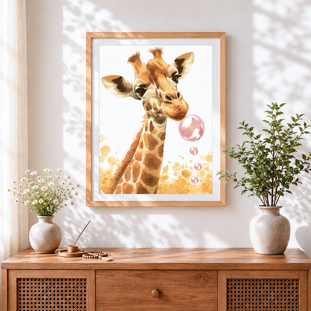 Finished giraffe blowing bubbles cross stitch artwork displayed